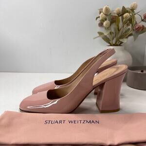 Stuart Weitzman Patent Leather Slingback Pumps Block Heels Pink Womens 10B